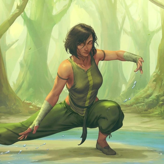 Avatar Korra mặc trang phục ngự thổ đứng giữa rừng xanh