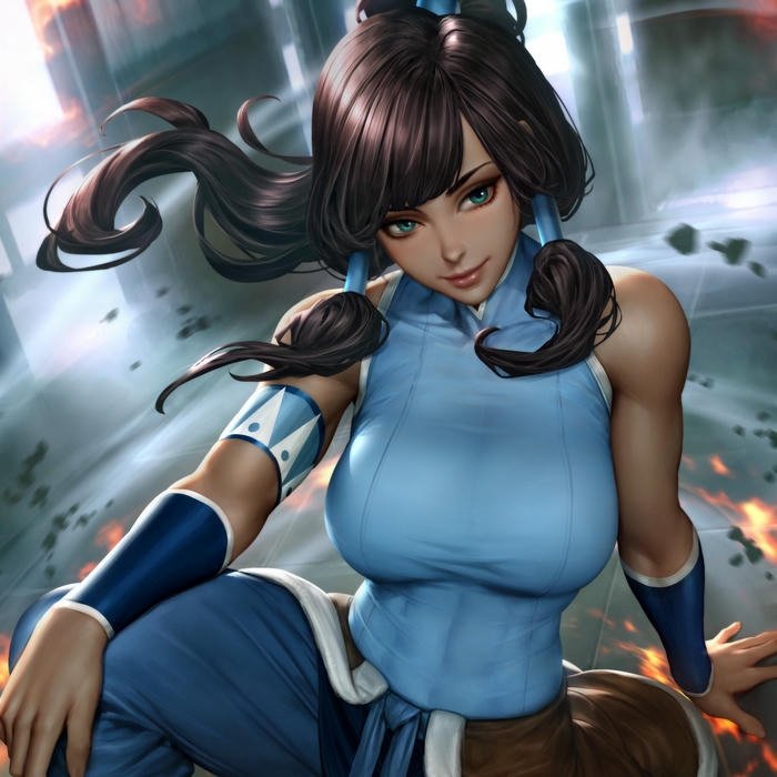 Avatar Korra nhìn thẳng với ánh mắt kiên định đầy quyết tâm