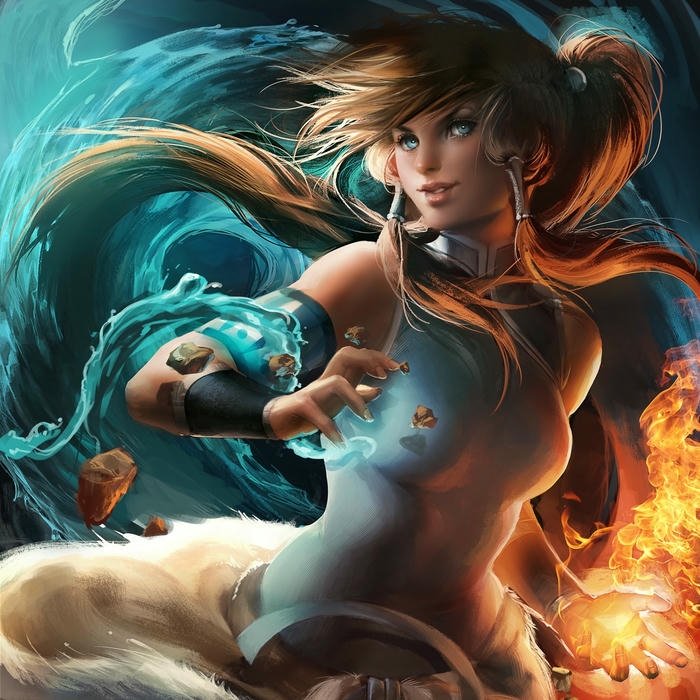 Avatar Korra rực cháy với ngọn lửa và dòng nước vây quanh