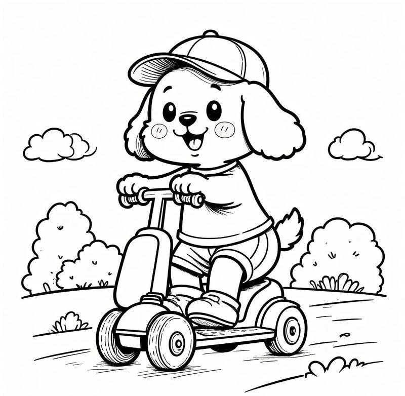 Chú chó con nhỏ đạp xe đạp đi học tranh tô màu