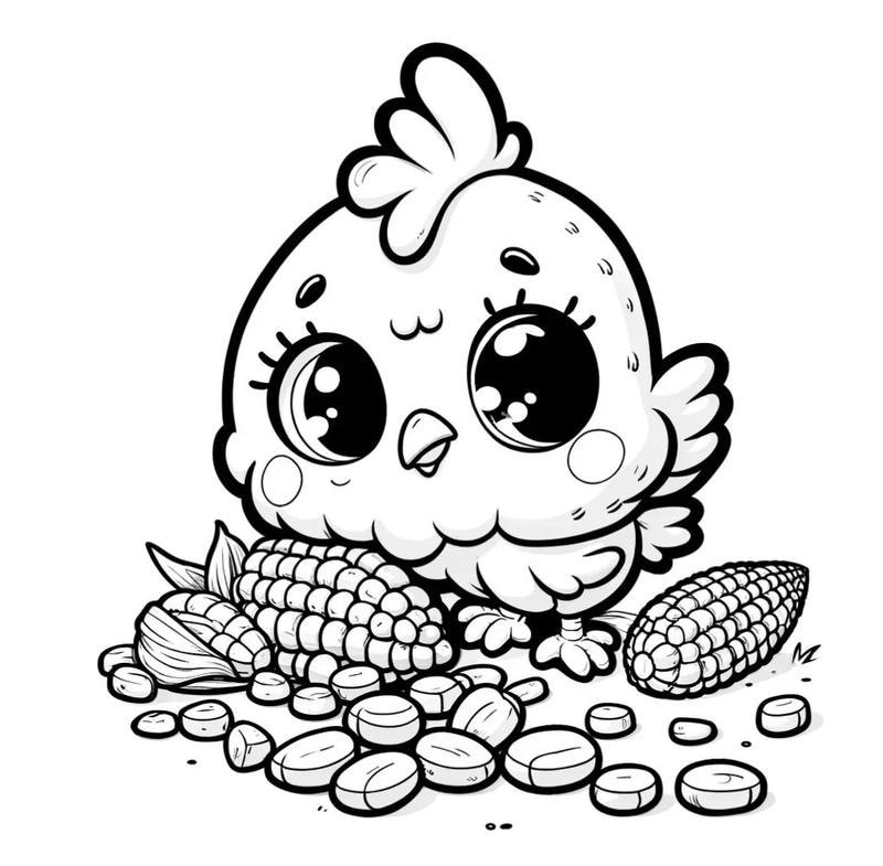 Chú gà con vui vẻ ăn ngô tô màu tranh nét