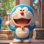 Hình ảnh Doraemon hài hước đang gồng mình khoe cơ bụng sáu múi