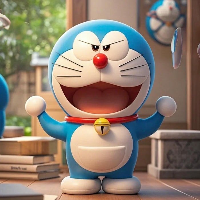 Hình ảnh Doraemon hài hước đang gồng mình khoe cơ bụng sáu múi