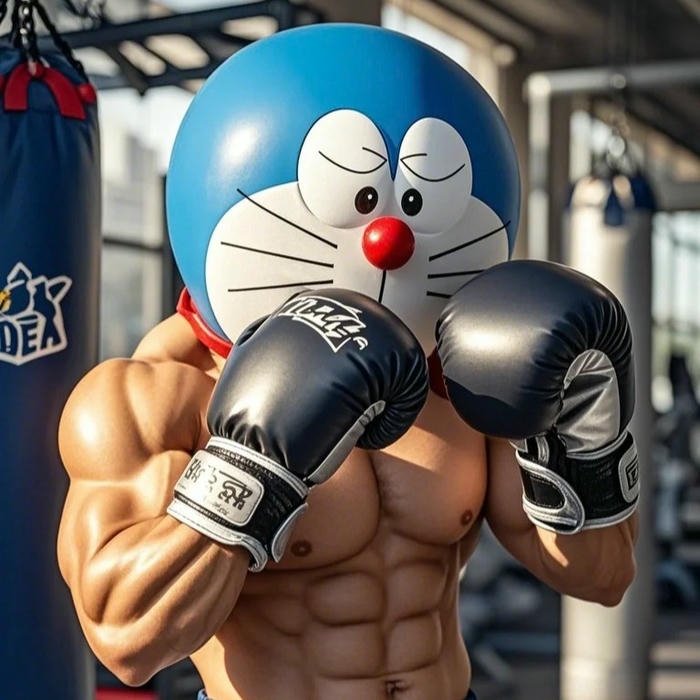 Hình ảnh Doraemon hài hước hóa võ sĩ boxing với cơ bắp cuồn cuộn