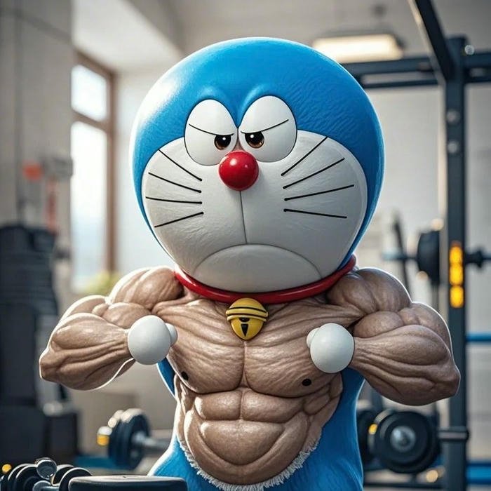Hình ảnh Doraemon hài hước tập gym khoe thân hình lực lưỡng mạnh mẽ