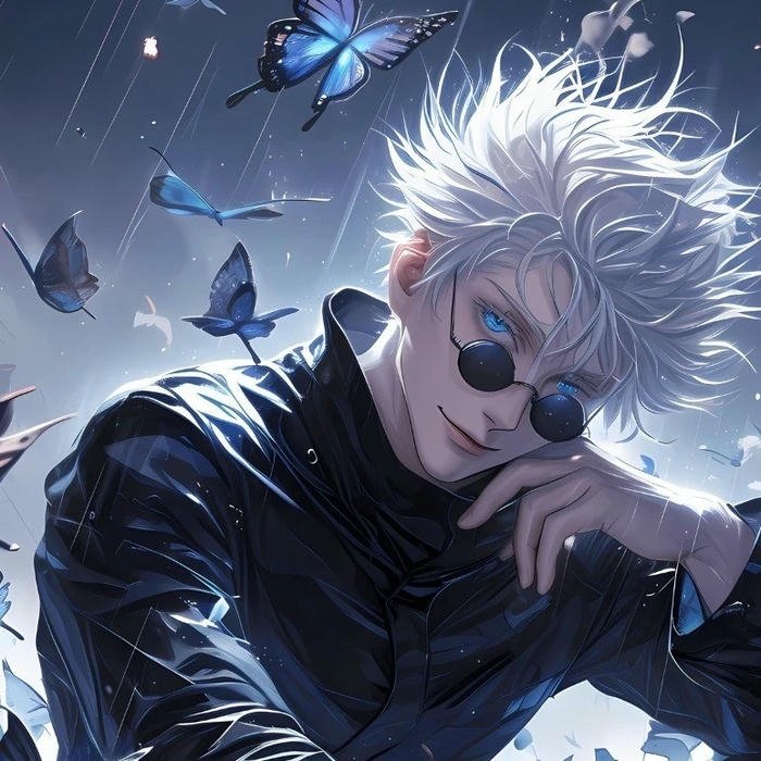 Hình ảnh avatar siêu ngầu Gojo ngồi thư thái bướm bay