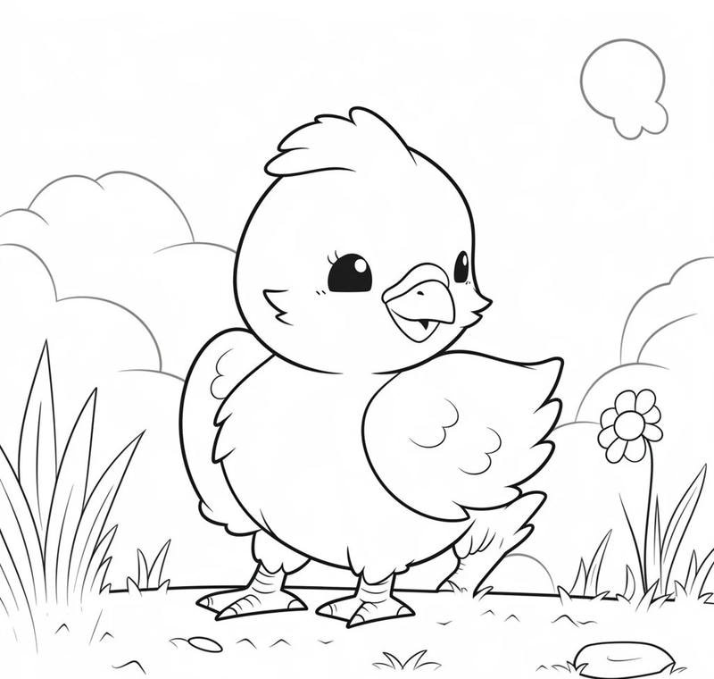 Khoảnh khắc gà con hoạt hình trong tranh tô màu