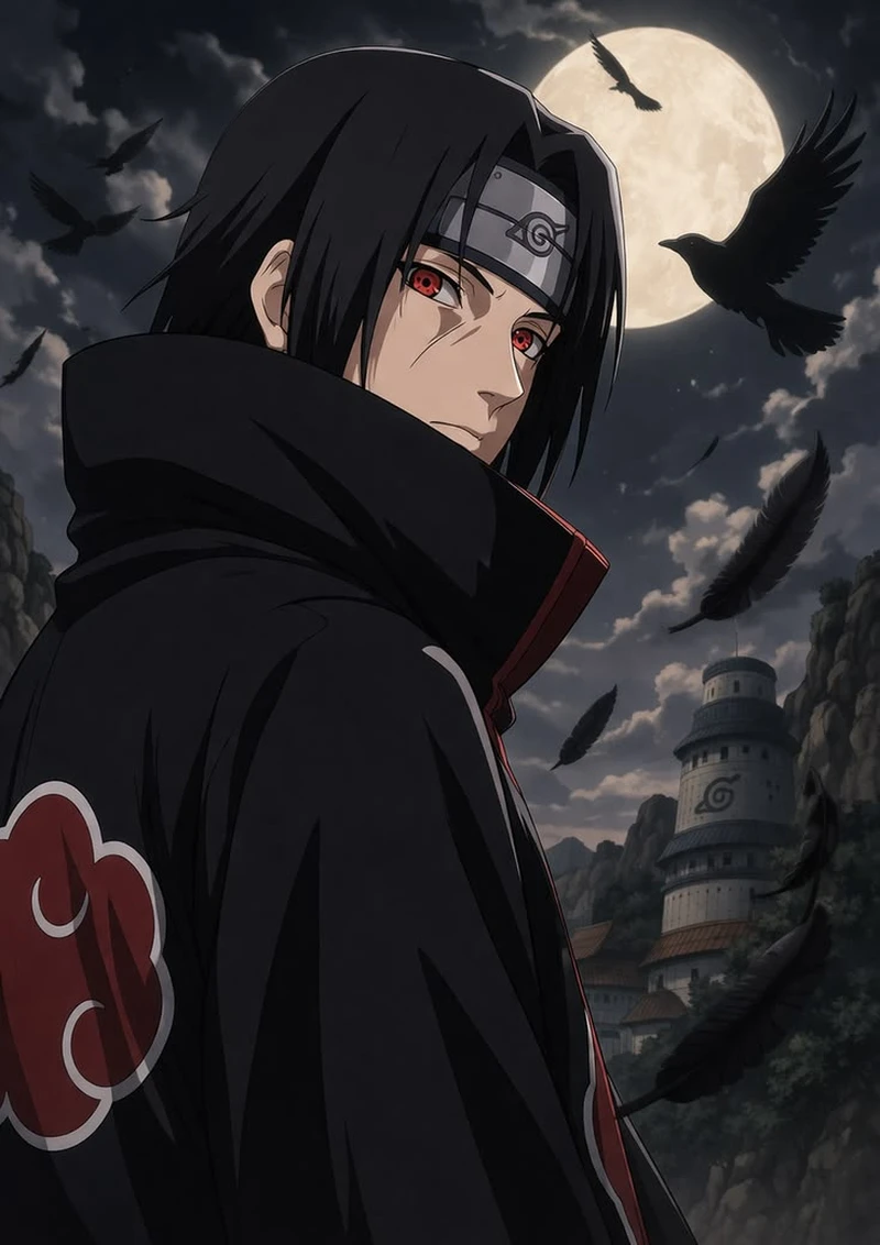 Ảnh Uchiha Itachi với ánh mắt Sharingan đầy lạnh lùng bí ẩn