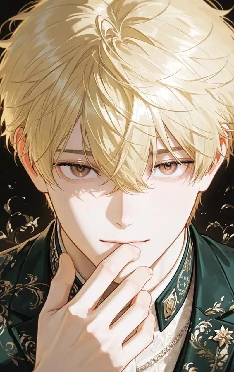 Anime tóc vàng tạo dáng nhẹ nhàng đầy mê hoặc