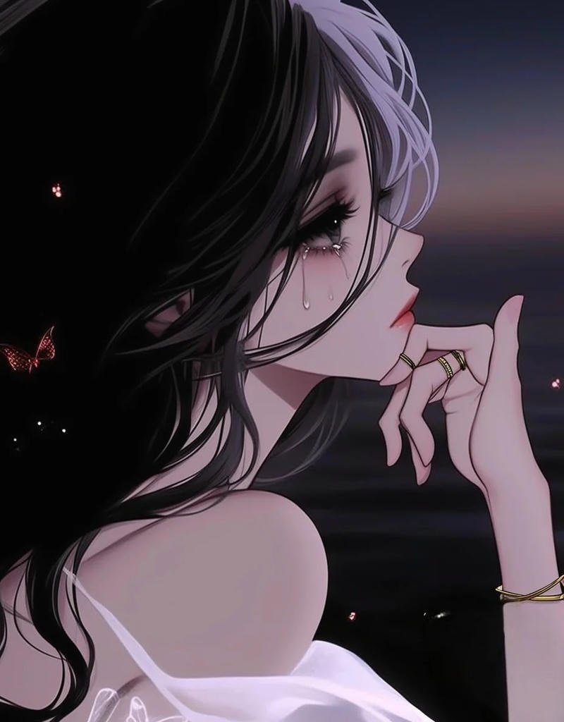 Cảnh anime nữ buồn với ánh sáng yếu nhẹ