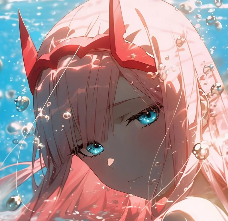 Cô gái anime Zero Two ánh mắt đầy mê hoặc