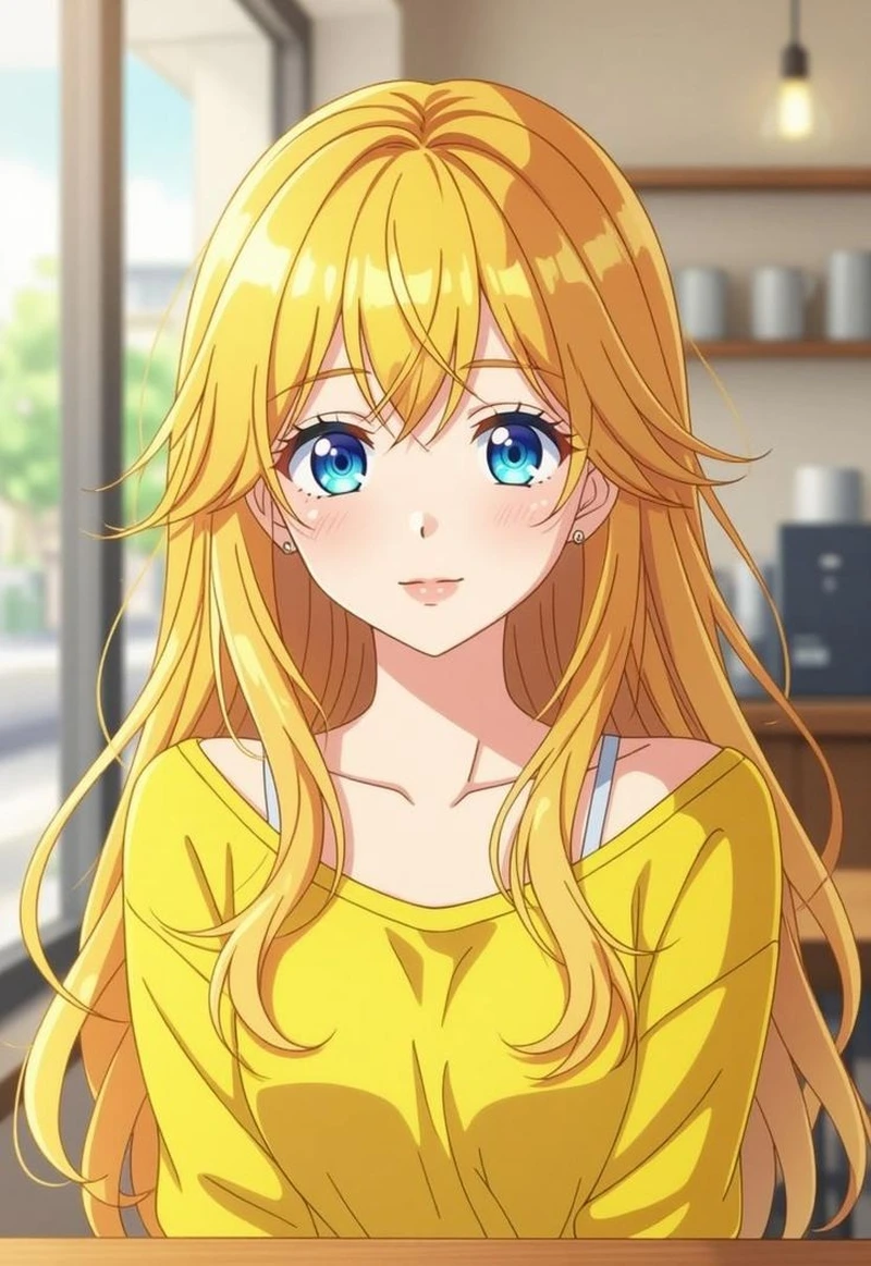 Cô gái anime tóc vàng mặc đồng phục học sinh dễ thương