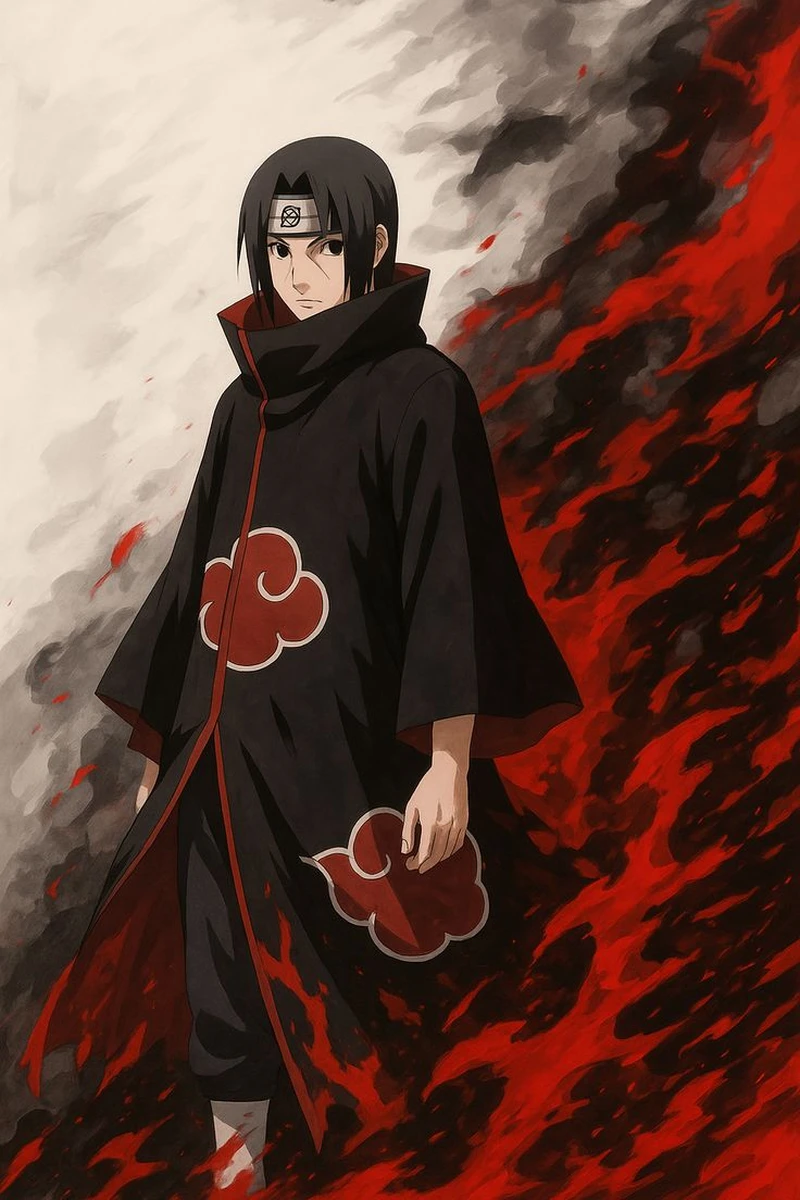 Hình ảnh Itachi Uchiha với quạ đen và Sharingan đỏ rực