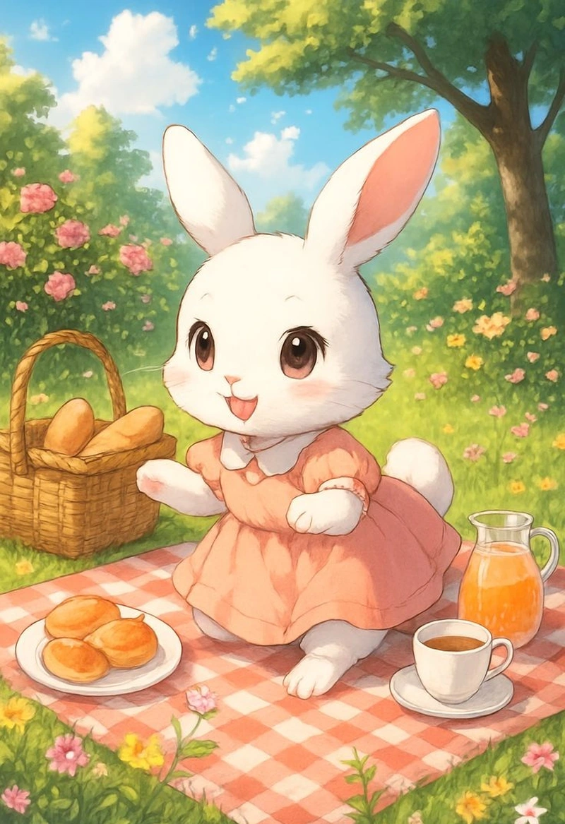 Hình ảnh thỏ anime cùng không gian hoạt hình Nhật Bản dễ thương
