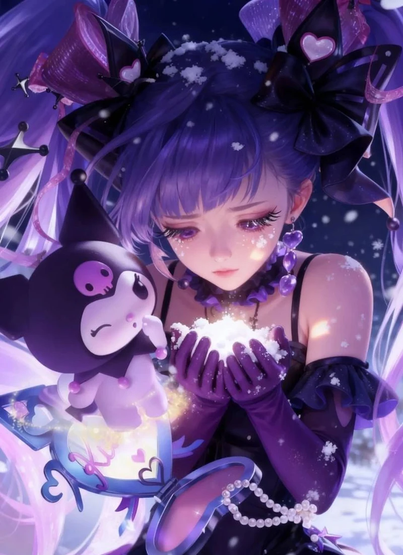 Kuromi anime ngồi trên đám mây trắng mơ màng