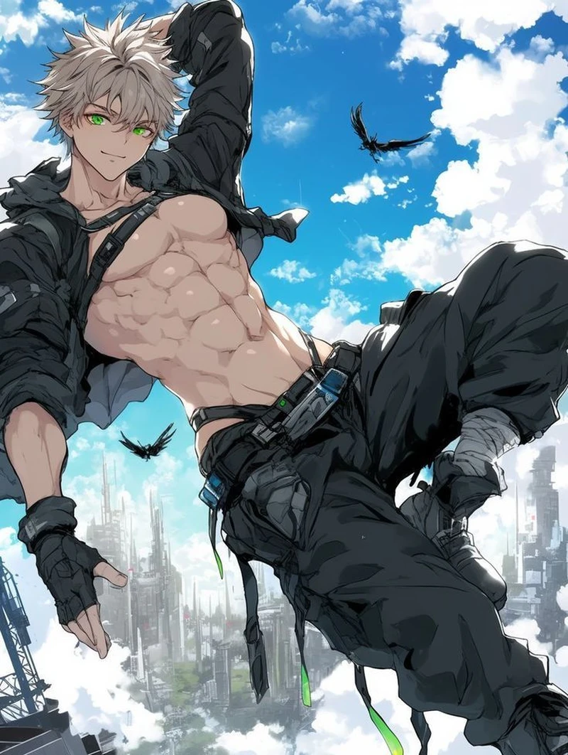 Nét đẹp mạnh mẽ của anime nam cơ bụng giữa ánh hoàng hôn