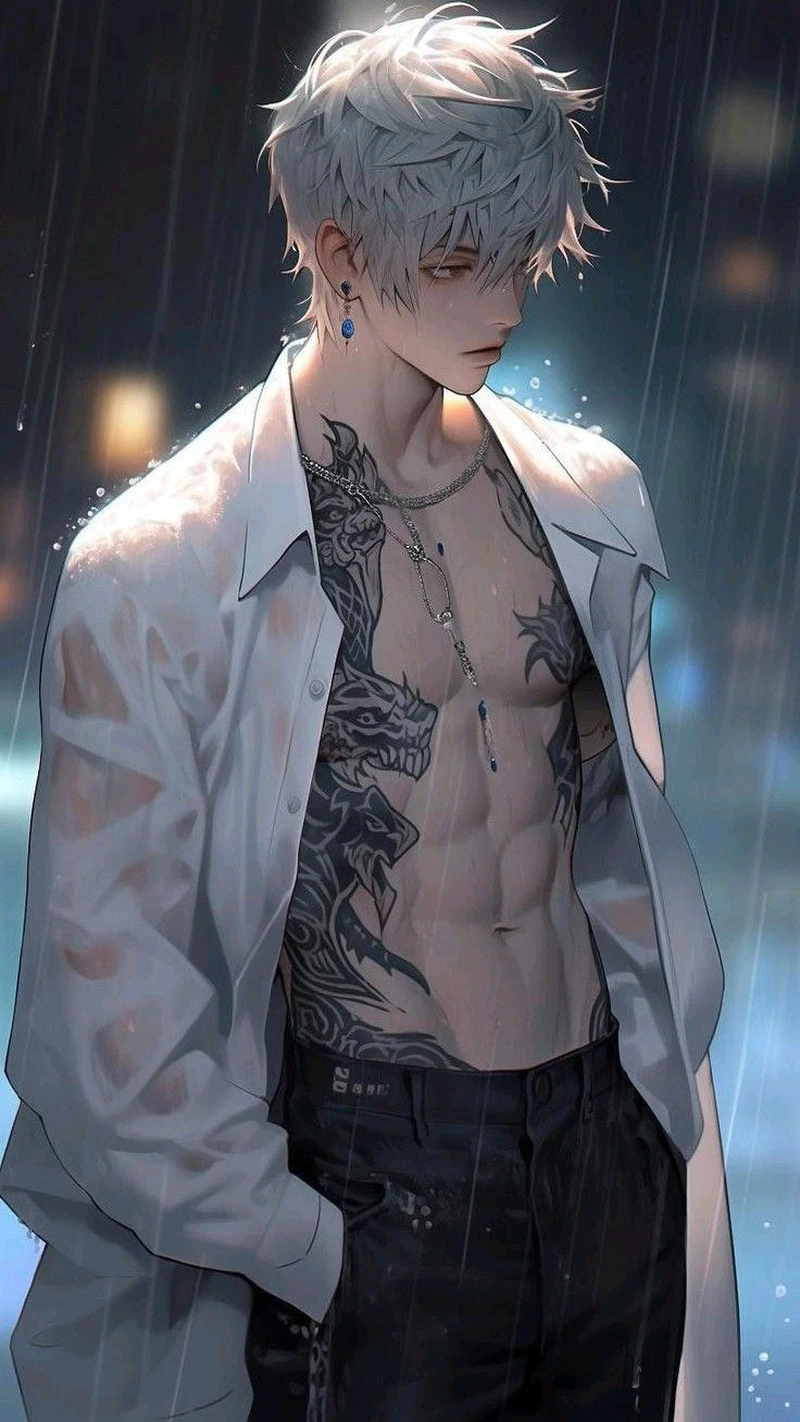 Nhân vật anime nam 6 múi giữa khung cảnh bầu trời đêm