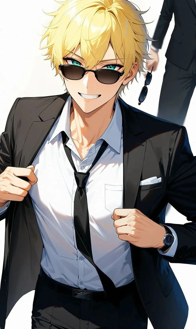 Nhân vật anime tóc vàng khoe nụ cười tươi sáng tự tin
