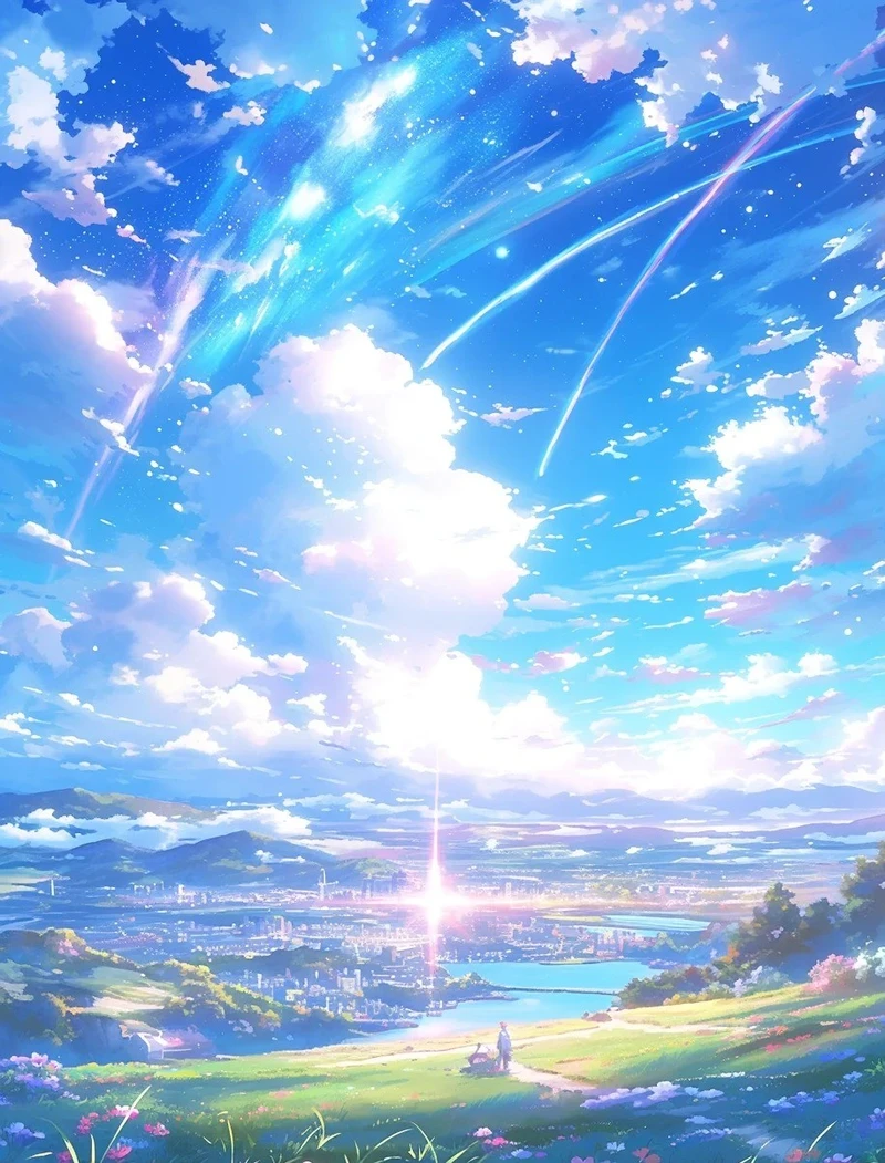 Góc nhìn từ đồng cỏ cùng ảnh anime bầu trời
