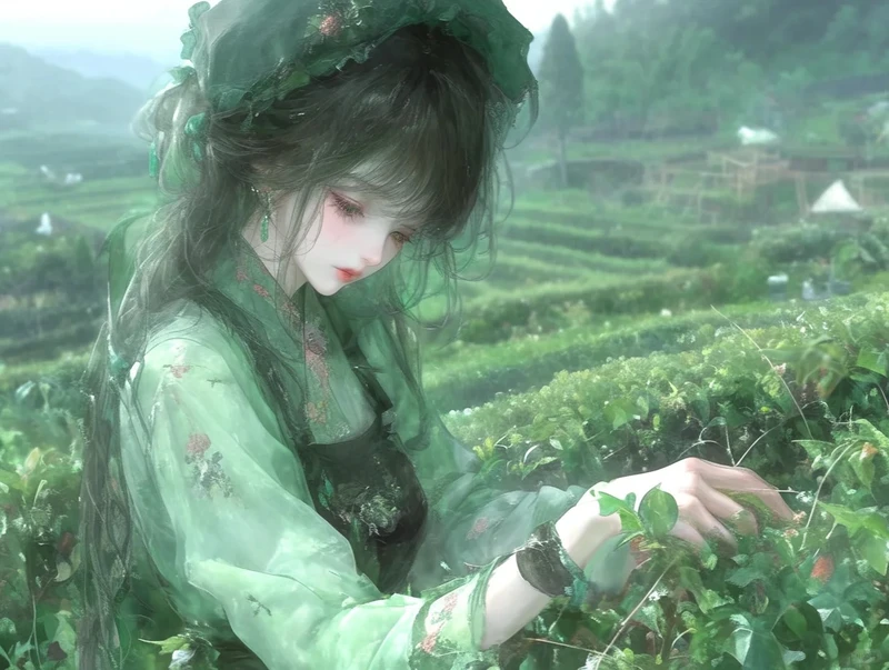ảnh anime màu xanh lá cây mang vẻ huyền bí