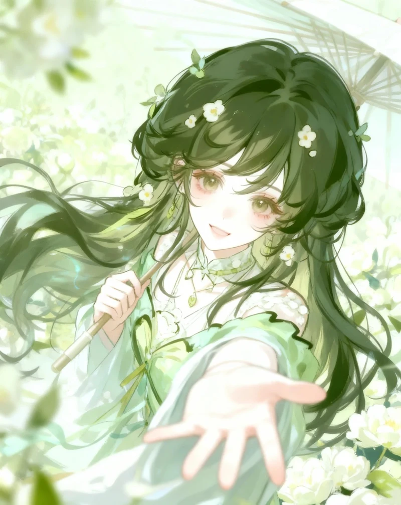 ảnh anime màu xanh lá cây phong cách kawaii