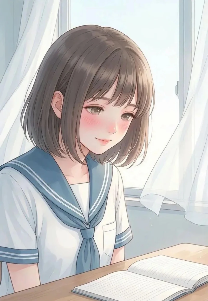 ảnh anime nữ học sinh ngồi học bài