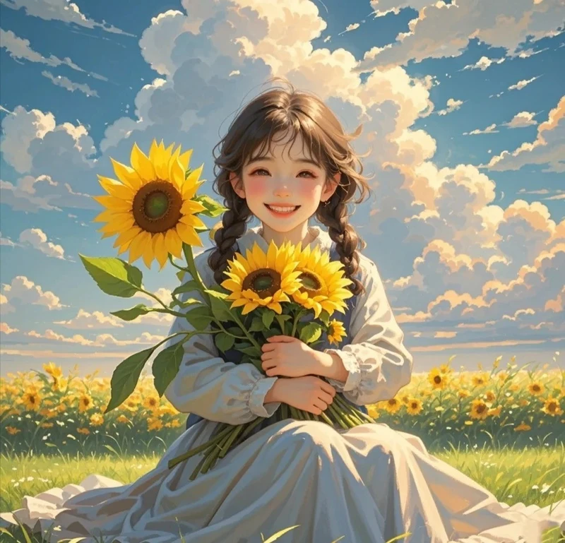 ảnh hoa hướng dương anime và cô gái nhỏ