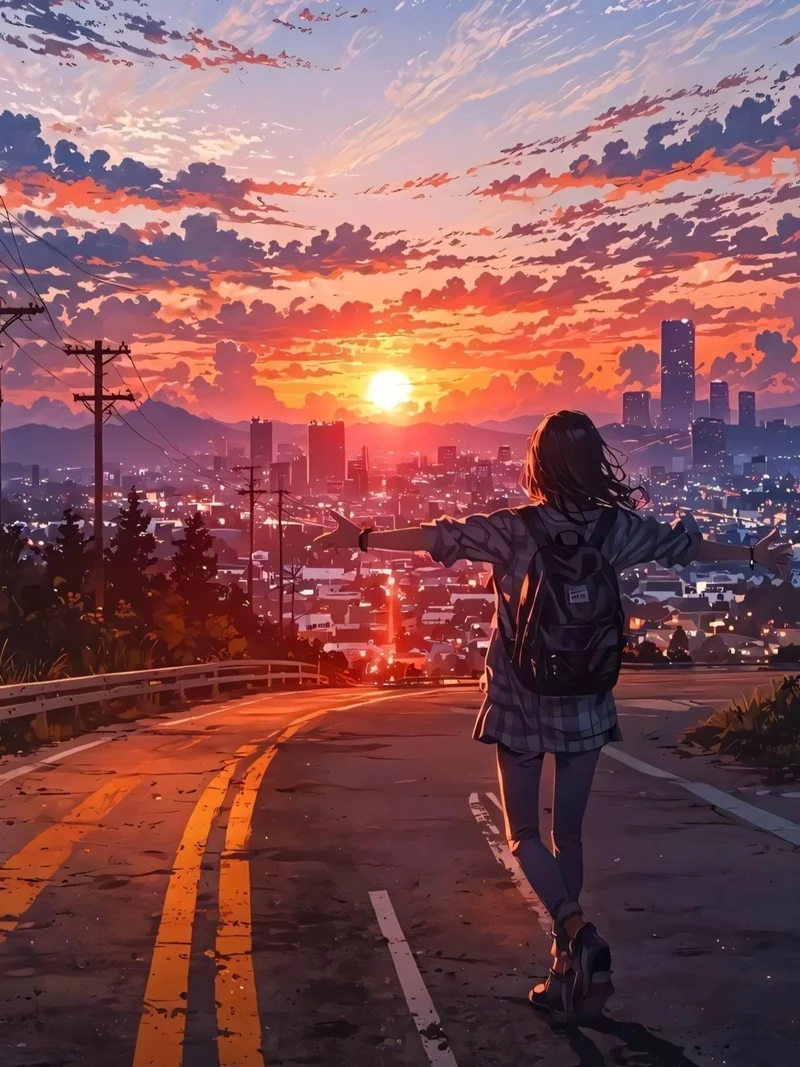 ảnh hoàng hôn anime màu tím hồng