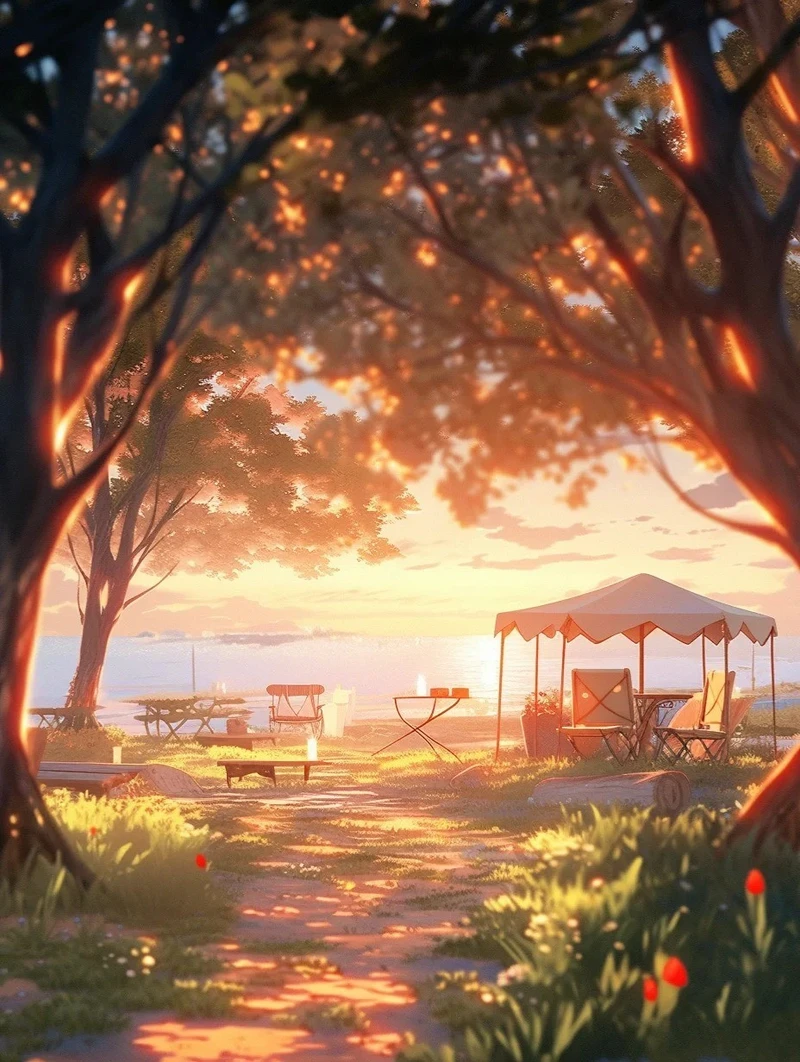 ảnh hoàng hôn anime trên đồi cỏ
