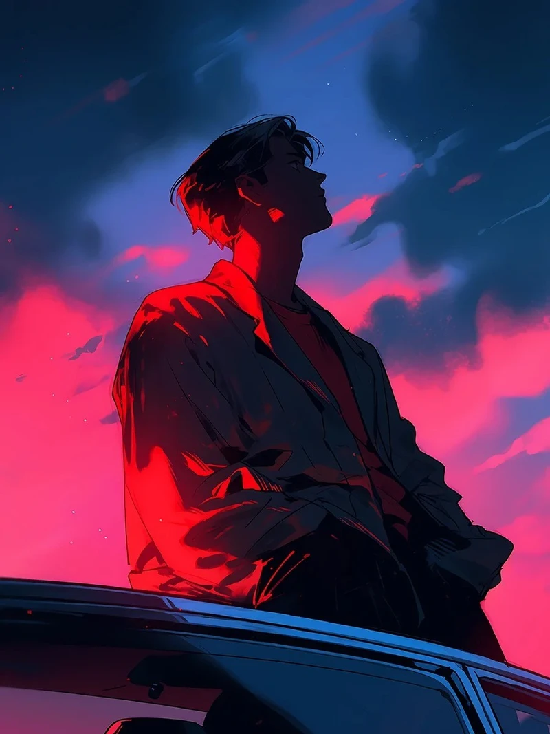 anime ảnh hoàng hôn với mây trời