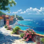 biển anime nhìn từ xa với khung cảnh yên bình