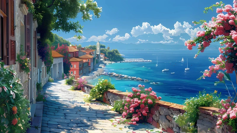 biển anime nhìn từ xa với khung cảnh yên bình