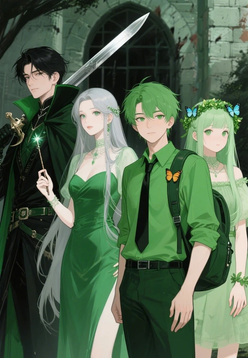 hình nền ảnh anime màu xanh lá cây