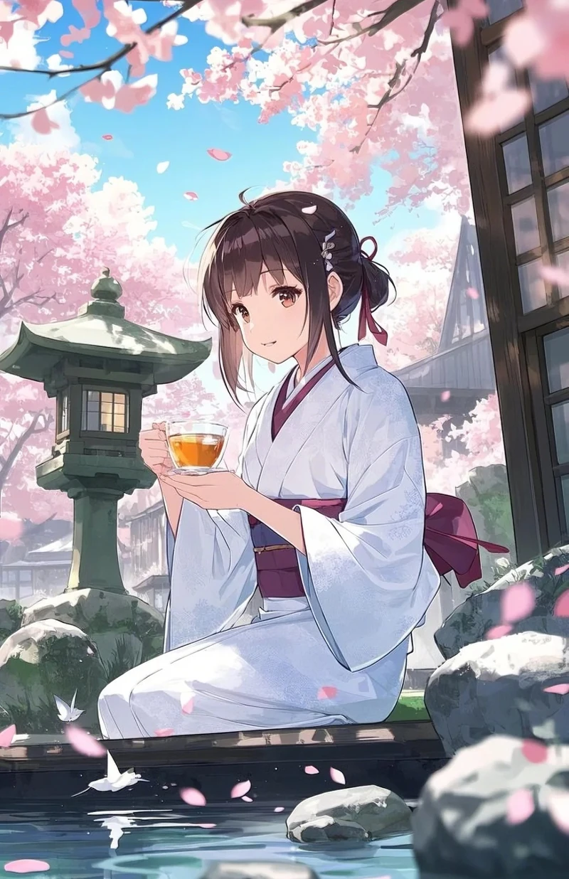 hình ảnh anime nữ mặc kimono mang nét truyền thống