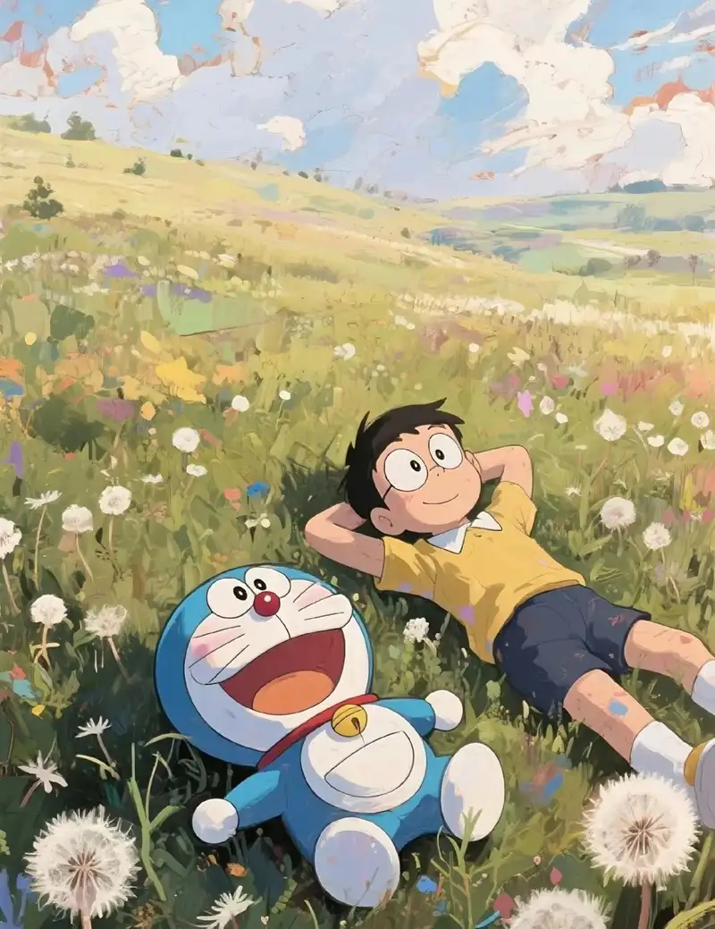 Hình Nobita vui vẻ cùng Doraemon trong căn phòng quen thuộc