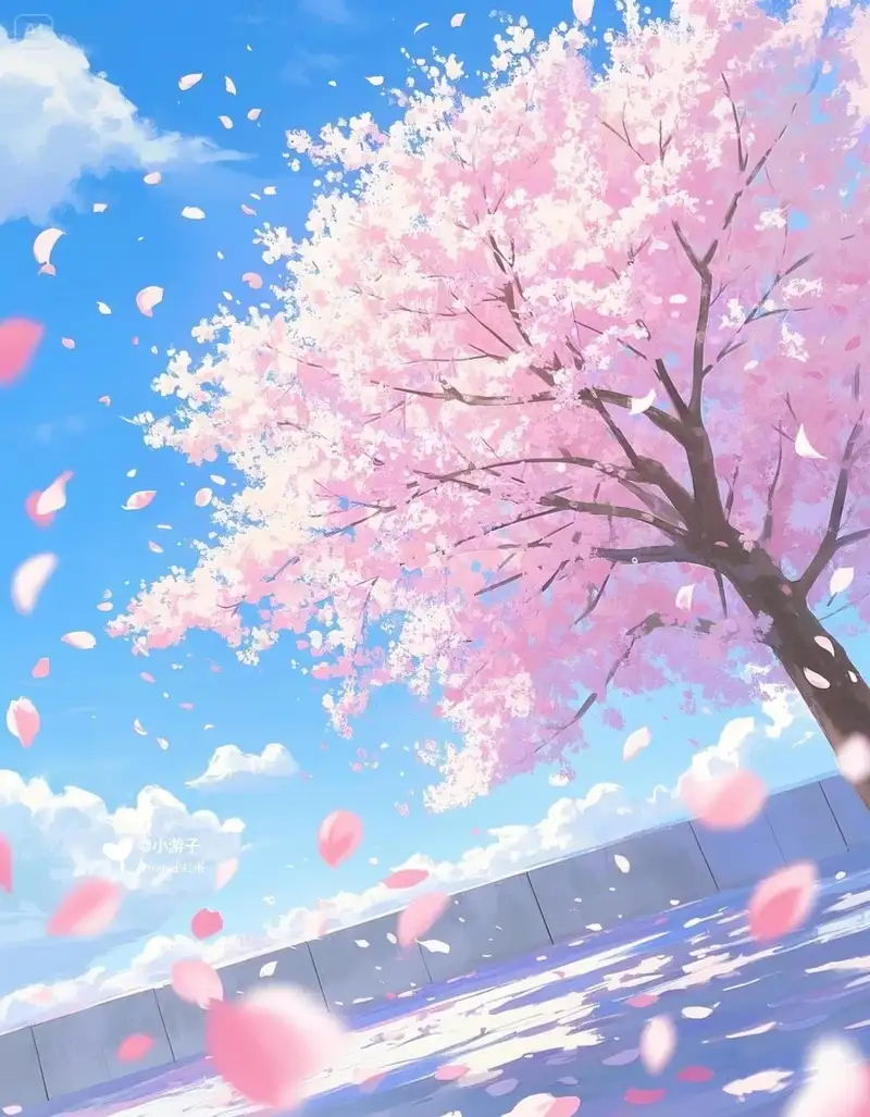 Hình ảnh anime hoa anh đào với cánh hoa lấp lánh