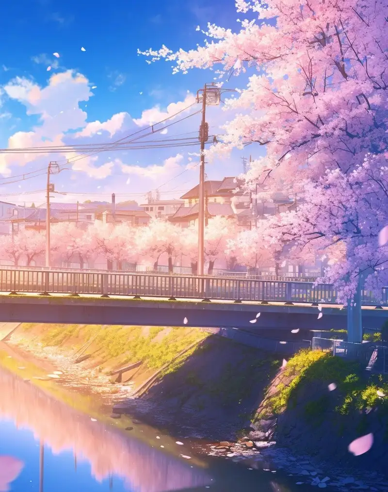 Hình ảnh hoa anh đào anime bên hồ nước trong xanh