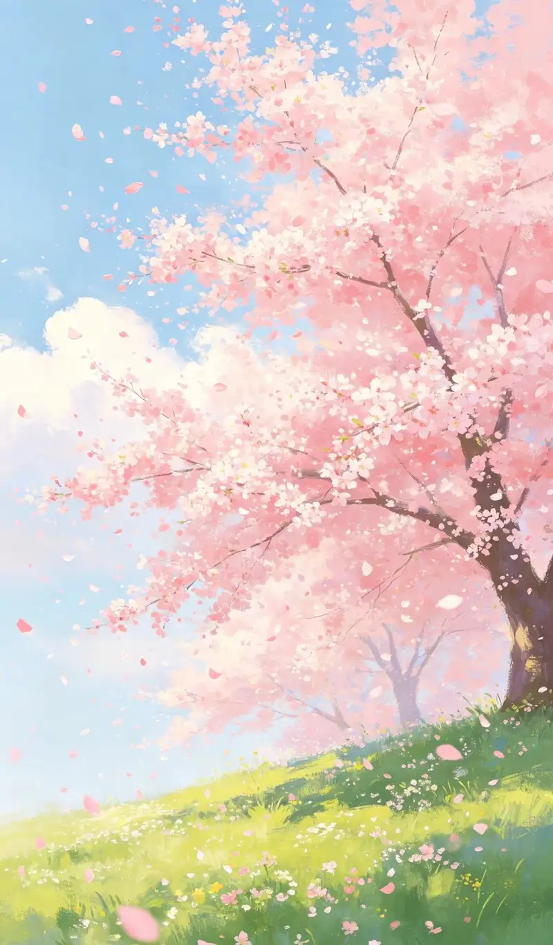Hoa anh đào anime với cánh hoa bay trong gió