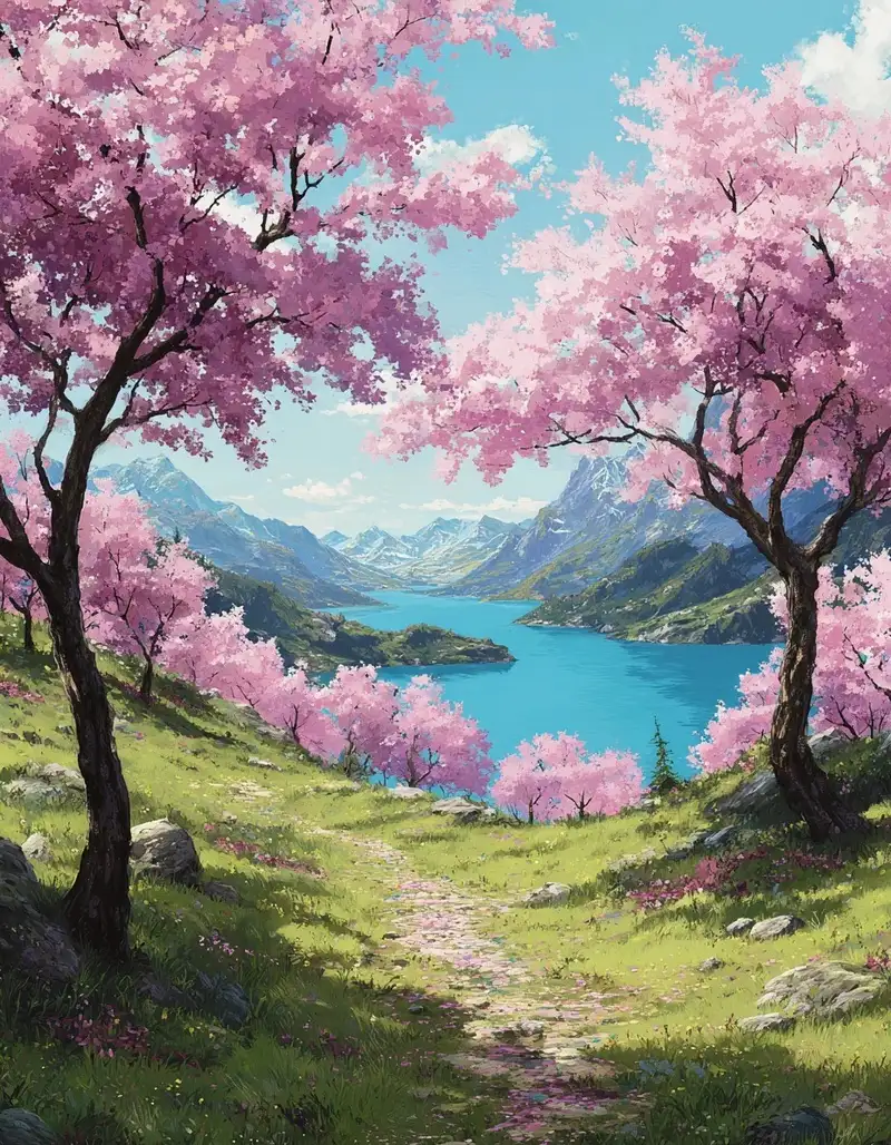 Phong cảnh hoa anh đào anime dưới bầu trời xanh