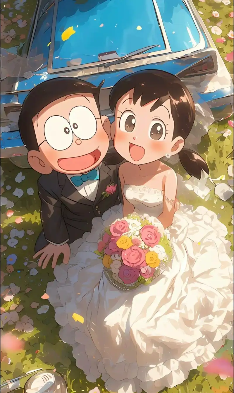 ảnh Nobita đáng yêu bên cạnh chú mèo máy Doraemon